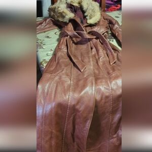 Women's Brown Leather Coat with Fur Collar